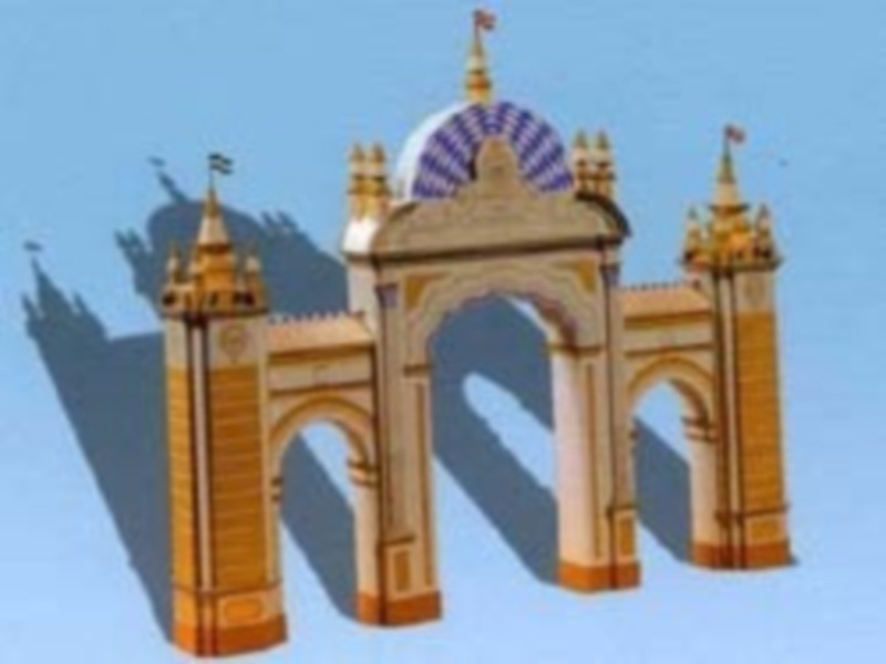 Puerta monumental con detalles dorados y azules, simbolizando un monumento histórico.