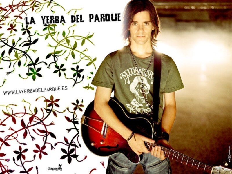 Un joven con una camiseta de rock y un guitarra, rodeado por flores y hojas.