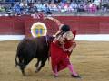 Un torero en traje de luces lidiando un toro en una plaza de toros, rodeado por espectadores atentos.