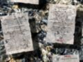 Dos hojas de papel con texto en español sobre poesía, pegadas en un suelo de piedra.