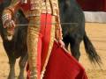 Un torero en traje tradicional de color dorado y rojo, con una capa roja abierta, sostiene un vara de mando. Detrás de él, una vaca negra se prepara para la pelea. El fondo muestra un muro rojo y una barda blanca, con espectadores observando la escena.