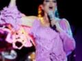 Cher canta en un concierto, con vestido púrpura y cabello largo.