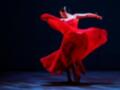 Una bailarina en un vestido rojo largo y volador, realizando una pose de danza con las piernas extendidas. La iluminación destaca su figura y el vestido, destacando la belleza y movilidad de la danza.