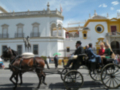 Un carruaje de caballos en un ambiente histórico, con edificios blancos y amarillos al fondo. La imagen muestra a personas en el carruaje, con un hombre saludando con la mano izquierda. En el fondo, se observa una calle con edificios de estilo colonial y un cielo azul con algunas nubes.