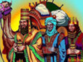 Imagen de tres personajes en traje árabe, posiblemente Reyes Magos, con un camello y un libro sagrado.