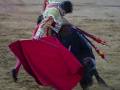 Un torero en acción durante una corrida de toros en una plaza de toros.