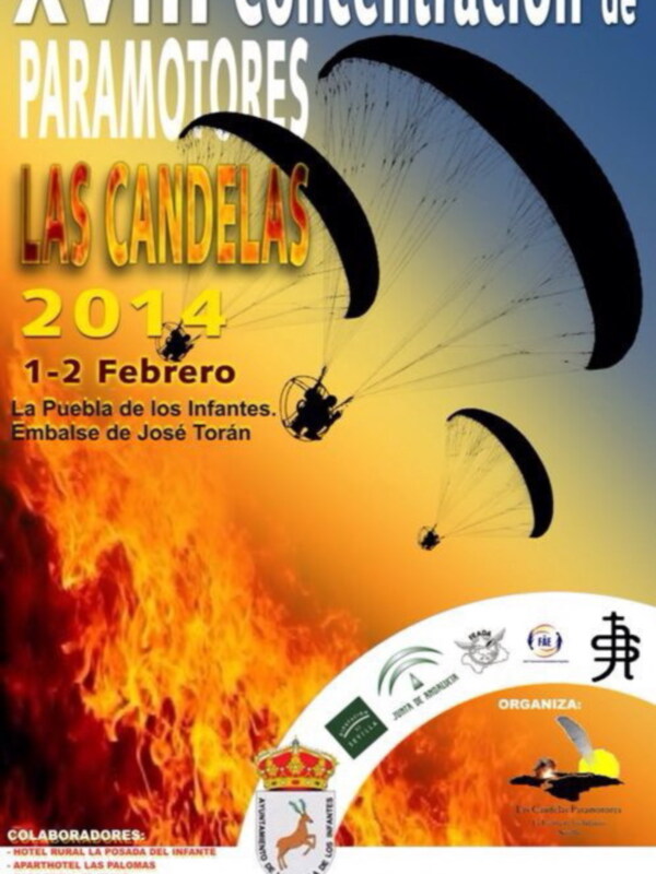 Concentración de Paramotores Las Candelas 2014, 1-2 Febrero, La Puebla de los Infantes. Organizada por el Ayuntamiento de La Puebla de los Infantes y el Embalse de José Torán. Colaboradores: Ayuntamiento, Protección Civil, Asociación de Vecinos, etc.