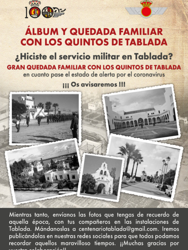 Album y quedada familiar con los quintos de Tablada. ¿Hiciste el servicio militar en Tablada? Gran quedada familiar con los quintos de Tablada. En cuanto pase el estado de alerta por el coronavirus, os avisaremos. Mientras tanto, envíanos las fotos que tengas de recuerdo de aquella época con tus compañeros en las instalaciones de Tablada. Mano a mano, centenarioabadda@gmail.com. ¡Nos vemos!