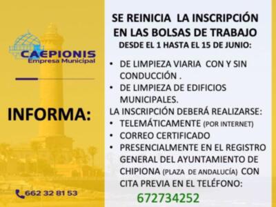 La Empresa Municipal Caepionis reanuda  las inscripciones en sus bolsas de trabajo hasta el 15 de junio