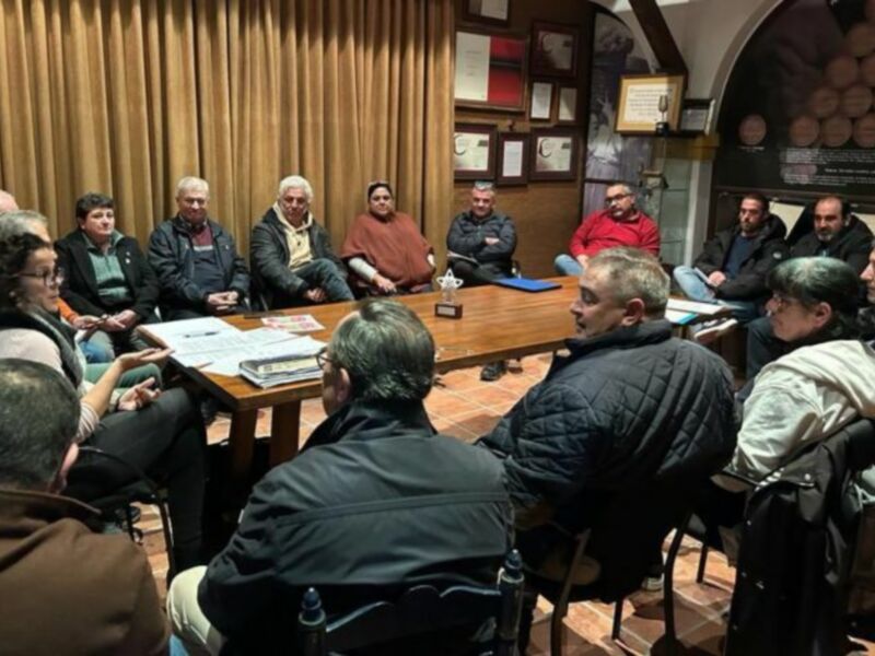 Una reunión de trabajo en una sala con paredes de madera y estanterías. Personas sentadas alrededor de una mesa con documentos, discutiendo y tomando notas. La atmósfera es formal y concentrada.