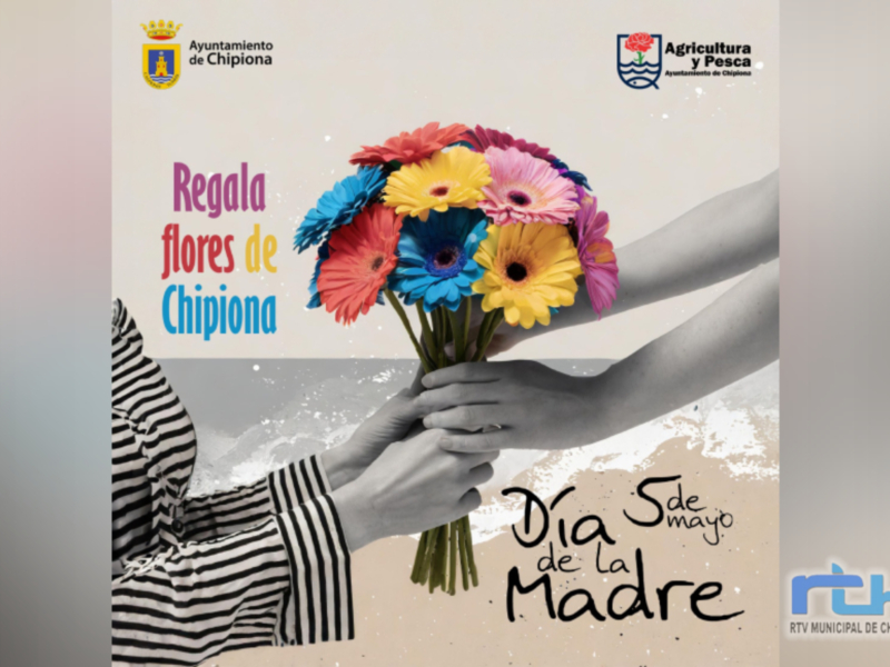 Cartel de la celebración del Día de la Madre en Chipiona, con flores y logotipos de la administración municipal.