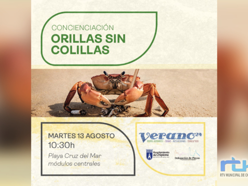 Concienciación Orillas Sin Colillas. Martes 13 Agosto, 10:30h, Playa Cruz del Mar, módulos centrales. Verano 2023. RTY Municipal de Chipiona.