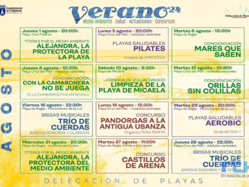 Programa de actividades para el verano de 2024 en Playa de Regla y Playa Cruz del Mar, incluyendo concursos, teatro, música y actividades de salud y medio ambiente.