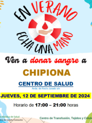 Convocada colecta de donación de sangre en Chipiona para el próximo jueves 12 de septiembre en el Centro de Salud