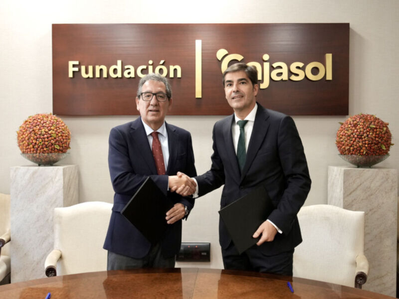 Dos hombres en trajes de negocios estrechan la mano frente a un muro con el logotipo de Fundación Cajasol. La imagen sugiere una reunión formal o un acuerdo importante entre los dos individuos.