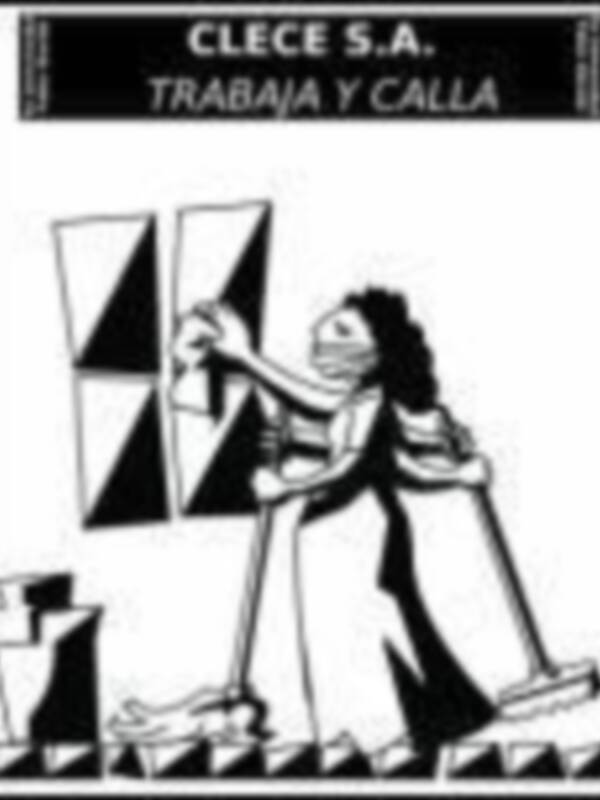 Imagen de una mujer con un vestido blanco y una corona, sosteniendo una puerta abierta. Texto: "Clece S.A. Trabaja y Calla."