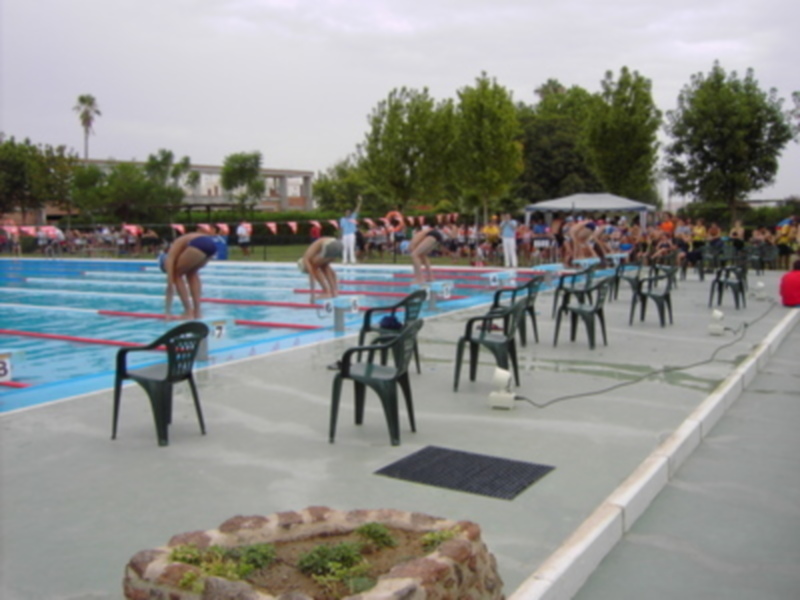 Una piscina con nadadores preparándose para una competencia. Hay sillas de plástico alrededor y un área de calentamiento con árboles en el fondo.