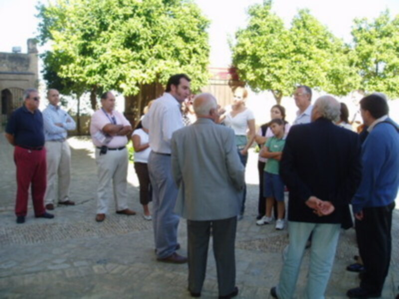 Una multitud de personas se reúne en un parque con árboles verdes, algunos están hablando y otros observando. La escena parece ser una reunión o charla de grupo en un ambiente público.