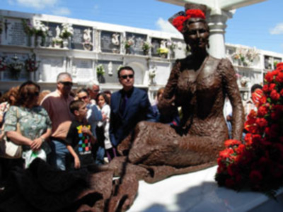Una estatua de bronce de una mujer sentada, rodeada por flores y gente observando. La escena parece ser en un cementerio, con lápidas y plantas alrededor.