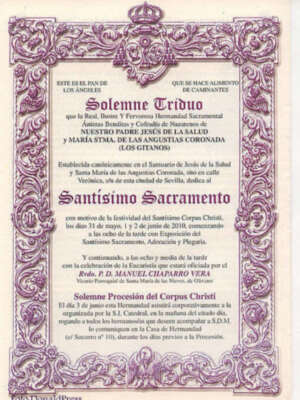 Solemne Triduo al Santísimo Sacramento en la Hdad. Sacramental Los Gitanos de Sevilla, el próximo lunes 31 de mayo comienza.
