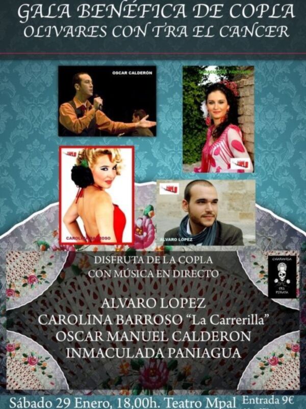 Gala benéfica de copla en el Teatro Mpal, con música en directo por Alvaro López, Carolina Barroso y Oscar Calderón. Entrada 9€.