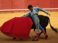 Un torero en traje tradicional de color azul y blanco, con un paño rojo en la mano izquierda, enfrenta a un toro negro en una plaza de toros. La escena captura el momento de la matanza, con el toro en movimiento y el torero en acción.