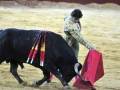 Un torero enfrenta a un gran toro negro en una plaza de toros, con un capote rojo y amarillo en la mano izquierda.