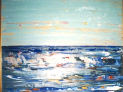 Pintura abstracta con tonos azules y amarillos, representando un paisaje o mar con cielos nublados.