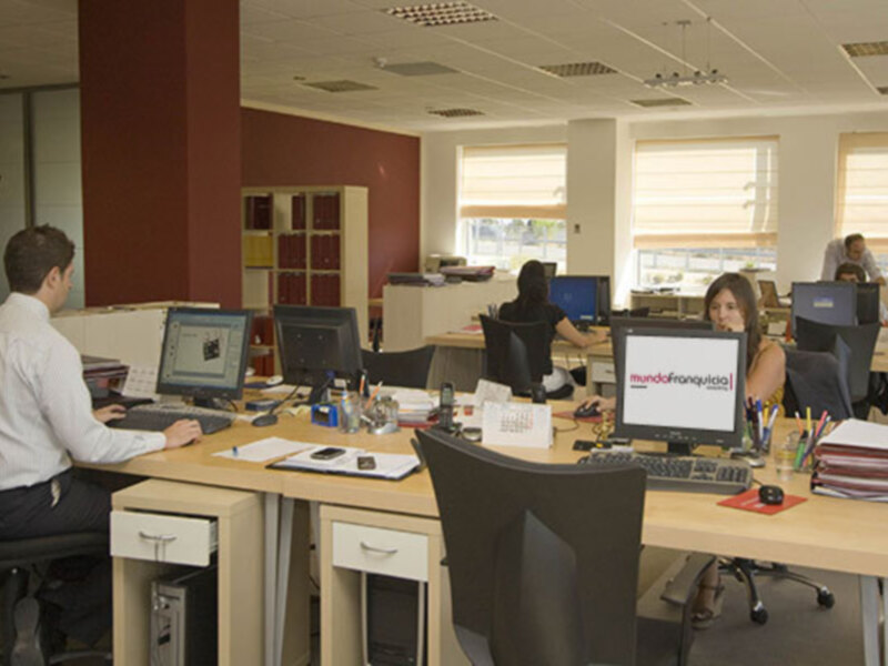 Oficina con varios empleados trabajando en sus computadoras.