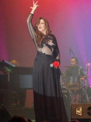 Una cantante en escenario con un vestido negro y mangas largas levantando la mano izquierda. La imagen muestra a una persona en un escenario con instrumentos musicales y luces de fondo.