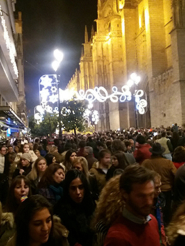 Fiesta nocturna en la plaza de una catedral iluminada, con multitud de personas celebrando.