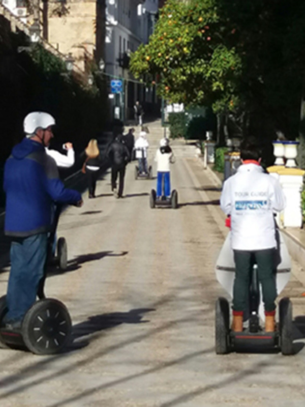 Turistas disfrutan de una excursión en Segway por una calle arbolada de ciudad.