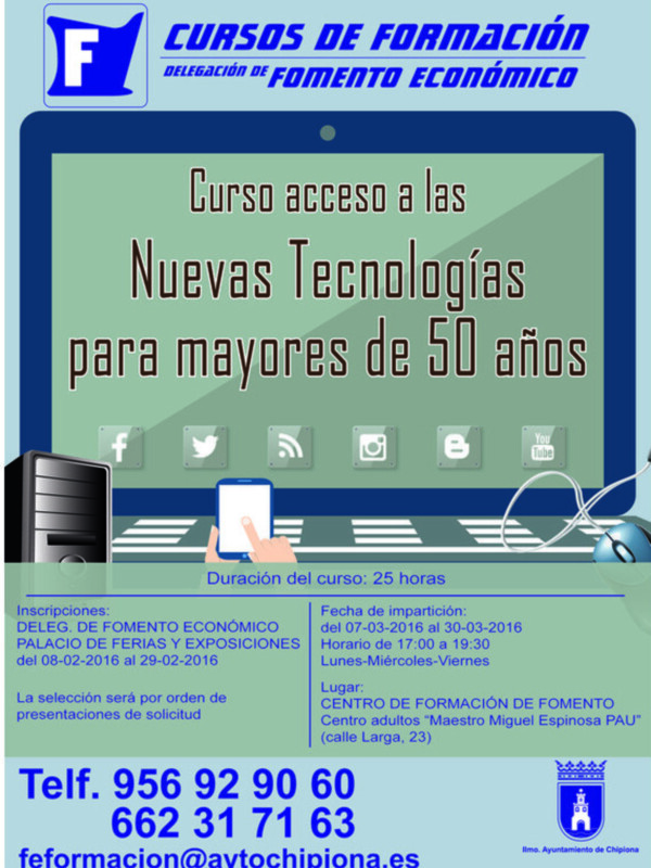 Fomento oferta cursos de diseño gráfico y web para desempleados y de nuevas tecnologías para mayores de 50(Chipiona) 