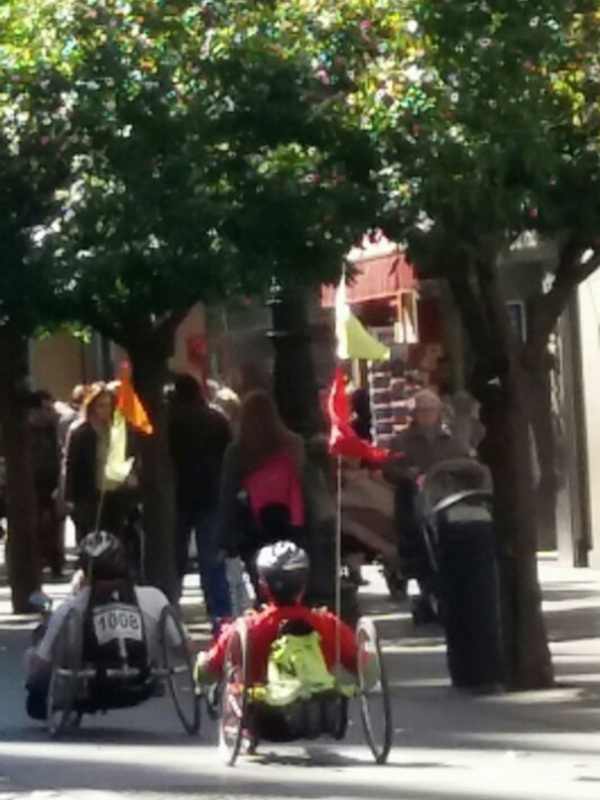 Person riding a recumbent bicycle in a street event, with trees and flags in the background.