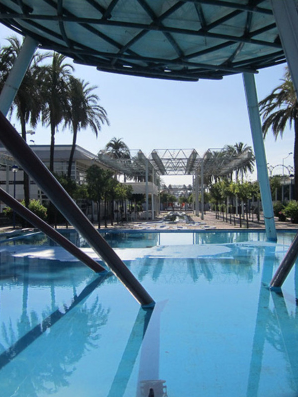 Piscina con palmeras y estructura metálica en el fondo, bajo un cielo azul claro.