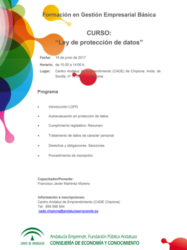 El CADE Chipiona impartirá una acción formativa sobre la ley de protección de datos.