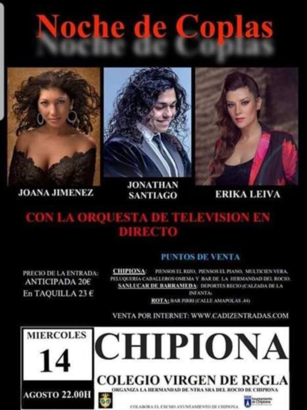 La copla protagonista hoy en Chipiona a beneficio de la Hermandad del Rocío con Joana Jiménez, Erika Leiva y Jonathan Santiago