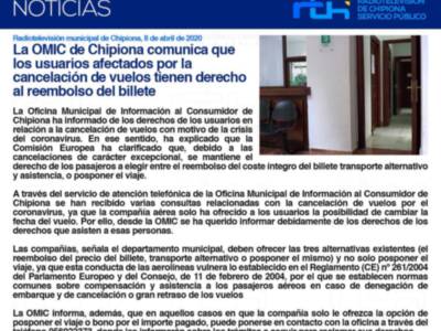 La OMIC de Chipiona comunica que los usuarios afectados por la cancelación de vuelos tienen derecho al reembolso del billete