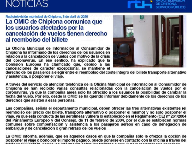 La OMIC de Chipiona comunica que los usuarios afectados por la cancelación de vuelos tienen derecho al reembolso del billete
