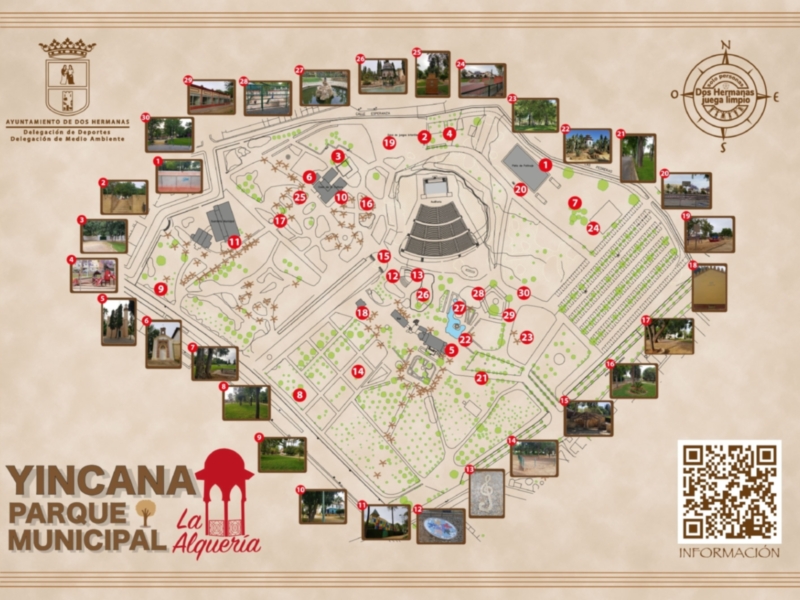 Mapa del Parque Municipal Yincana, ubicado en Alquería. Incluye detalles de la zona verde y los principales puntos de interés.