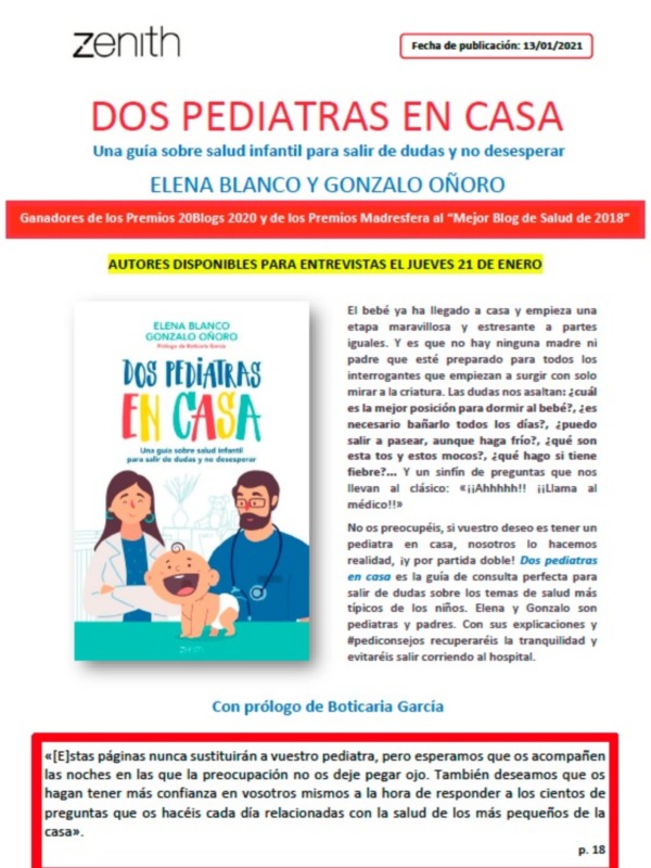 Lanzamiento Dos pediatras en casa, de Elena Blanco y Gonzalo Oñoro