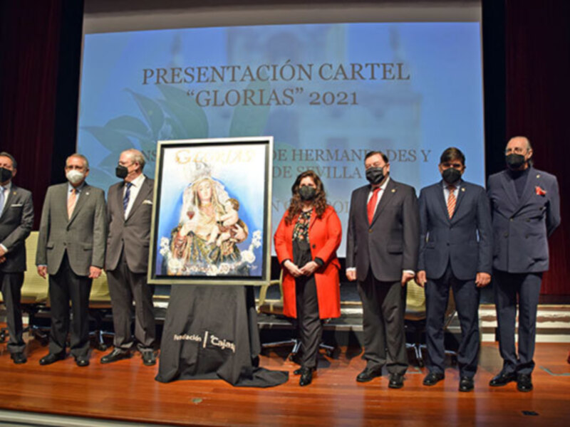 La obra pictórica de las Glorias de  María 2021 fue presentada en el teatro Cajasol.