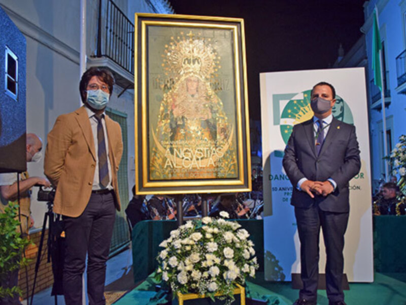 Cartel de  los actos extraordinario del 50 aniversario de la Coronación Virgen de las Angustias de Alcalá del Río