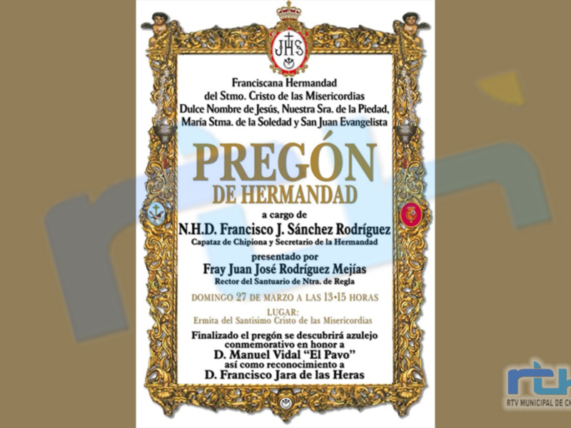 Paco Sánchez pregonará el domingo la Semana Santa de la Hermandad del Cristo de las Misericordias