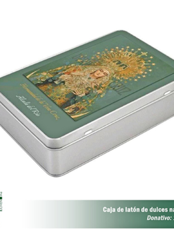 Caja de latón con diseño navideño, contiene dulces. Donativo: 18 euros.