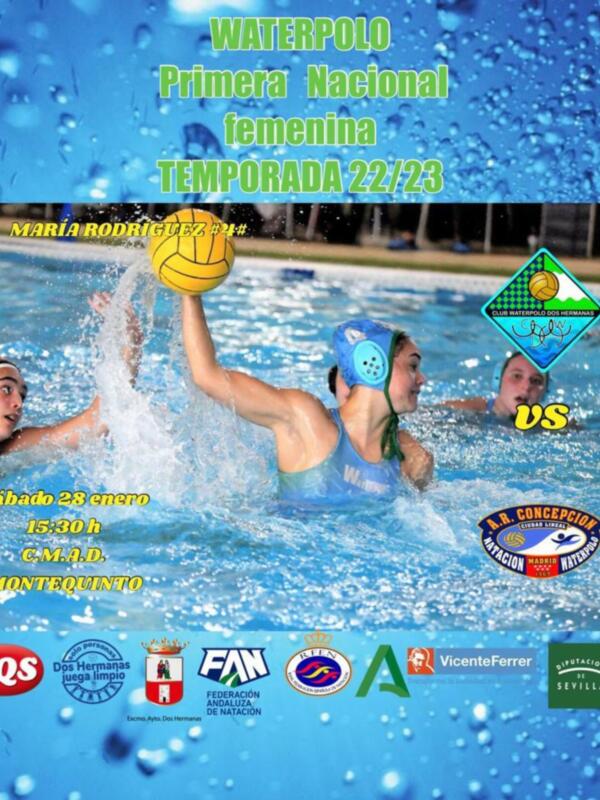 Cartel de un partido de waterpolo femenino entre María Rodríguez y A.A. Concepción, en la Primera Nacional Temporada 22/23.