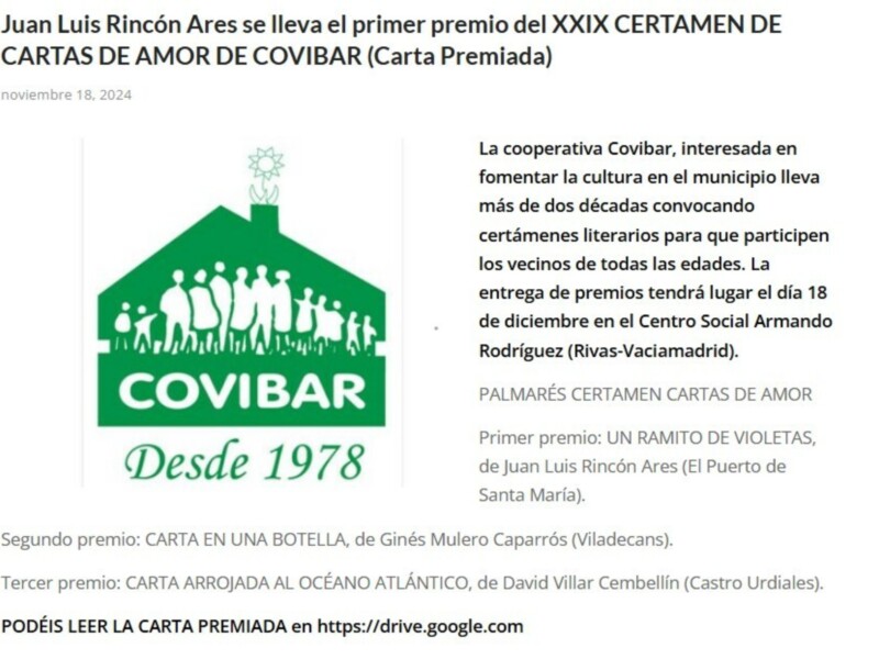 Juan Luis Rincón Primer Premio en la 24ª edición del Certamen de Cartas de Amor de Covibar, Rivas Vaciamadrid