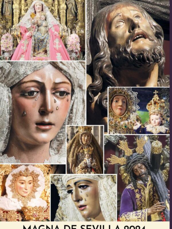 Collage de imágenes de estatuas religiosas en Sevilla, España, año 2024.