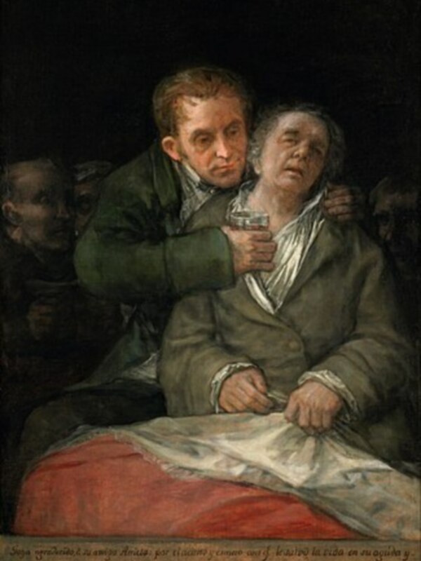 Pintura histórica que muestra a un hombre joven apoyando a un anciano en un entorno sombrío, con textura textil y expresiones faciales destacadas.