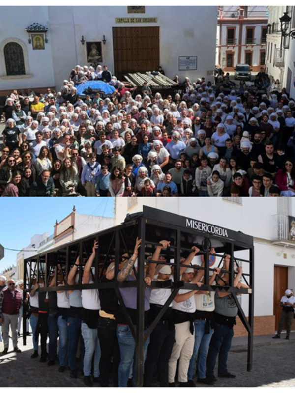 El corazón de la Hermandad late bajo las trabajaderas, ensayo general de los costaleros soleanos, en Alcalá del Río.